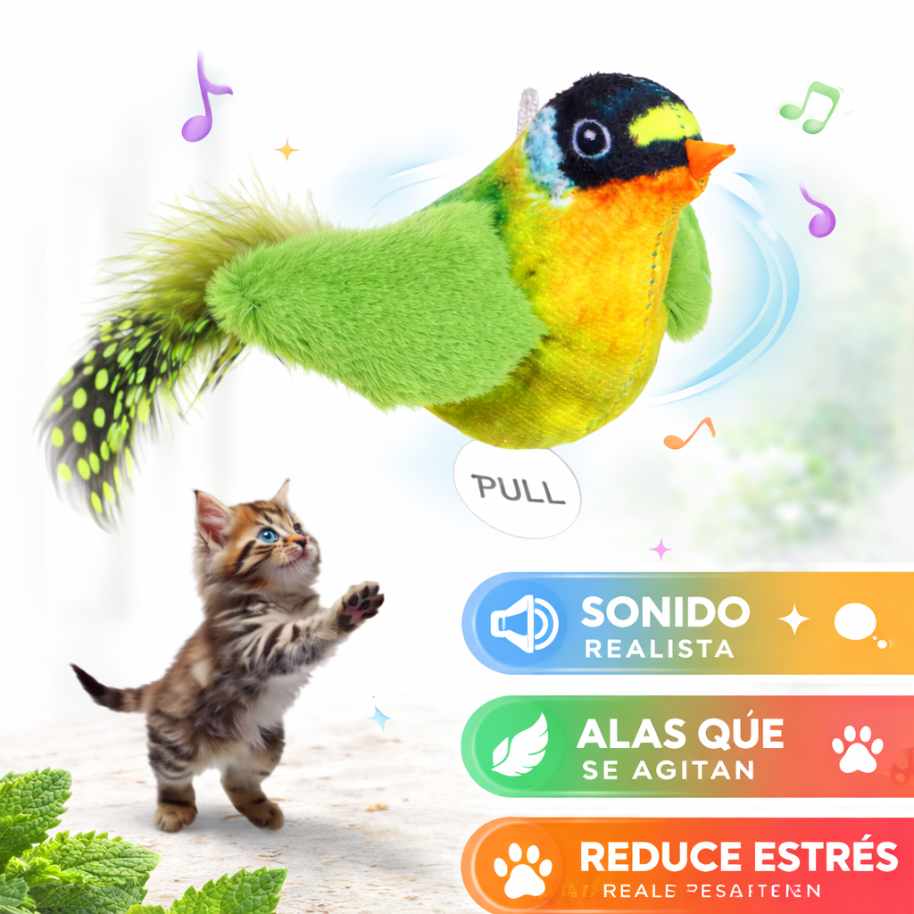 Pájaro Interactivo para Gatos con Sonido y Alas Flappy – Juguete Realista que Canta